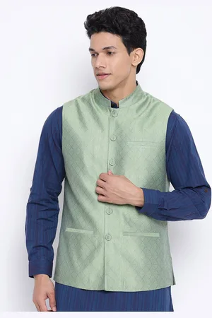 Fabindia Men Green Solid Woven-Design Nehru Jacket