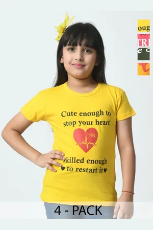BAESD Pack Of 4 Girls Chest Printed Half Sleeves Applique T-shirt
