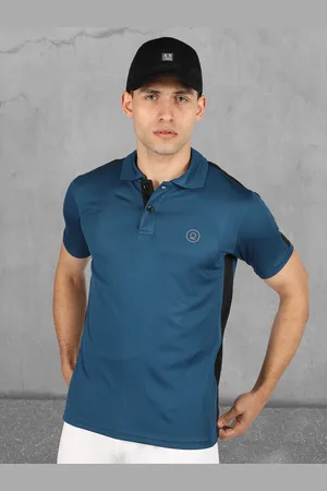 CHKOKKO Men Teal Blue & Black Solid Polo Collar Gym T-shirt