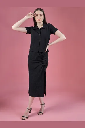 DressBerry Women Self Design Shirt with Long Slit Skirt Co-Ords Set