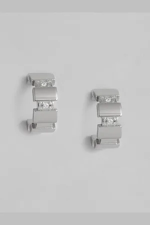 Tommy Hilfiger Silver Plated Crystals Stainless Steel Circular Half Hoop Earrings