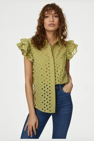 Marks & Spencer Self Design Flutter Sleeves Schiffli Pure Cotton Shirt Style Top