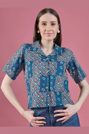 DressBerry Navy Blue Relaxed Ethnic Motifs Printed Cotton Casual Shirt