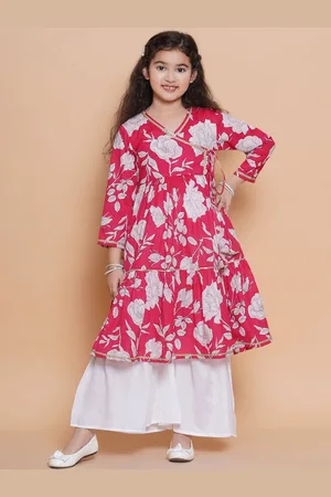 Bhama Girls Floral Printed Angrakha Gotta Patti Cotton Kurta with Sharara
