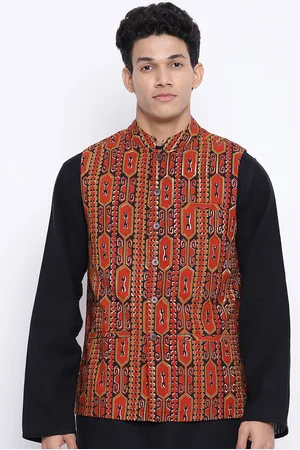 Fabindia Men Red Printed Cotton Nehru Jacket