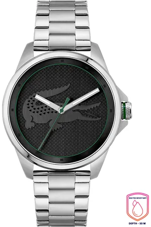 Lacoste Men Black Brass Dial & Silver Toned Stainless Steel Bracelet Style Straps Analogue Watch