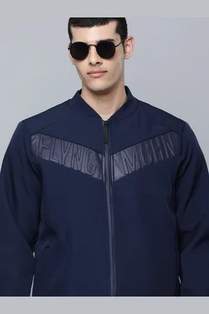 Flying Machine Men Blue Brand Logo Applique Stand-Collar Bomber Jacket