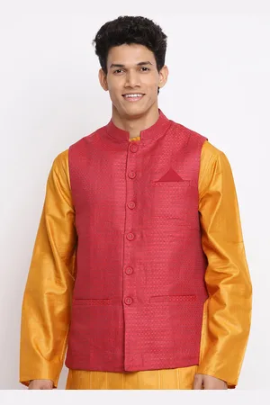 Fabindia Men Red Woven Design Linen Nehru Jacket