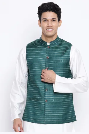 Fabindia Men Green Striped Nehru Jackets