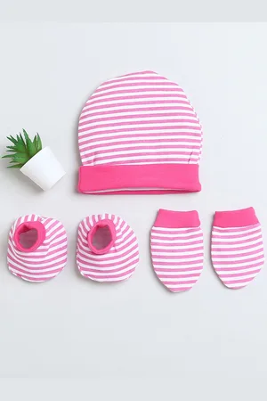 BUMZEE Infant Girls Striped Cotton Beanie With Mitten & Booties
