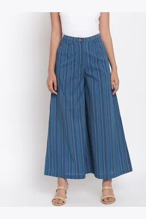 Fabindia Women Blue Slim fit Cotton Striped Casual Trousers