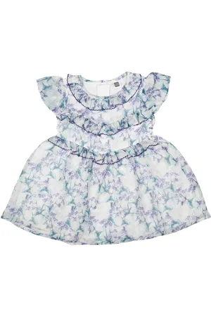 MeeMee Girls White & Purple Printed Fit and Flare Dress