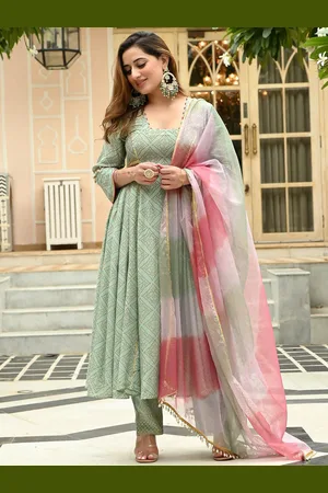 Bunaai Women Ethnic Motifs Printed Anarkali Kurta with Trousers & With Dupatta