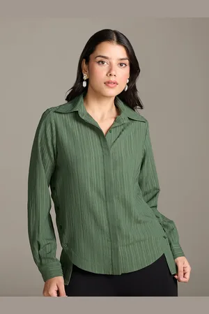 20Dresses Green Textured Spread Collar Long Sleeves Casual Shirt