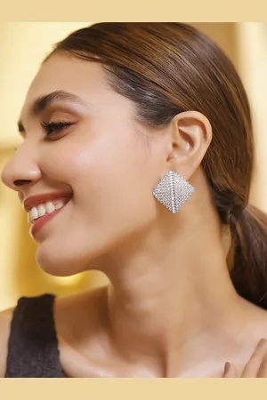 Rubans Women Rhodium Plated CZ Stone Studded Diamond Shape Stud Earrings
