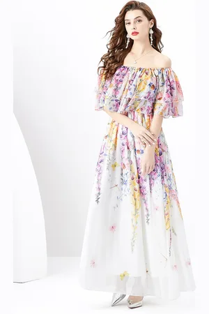 JC Collection Floral Printed Off-Shoulder Cape Sleeve Maxi Dress