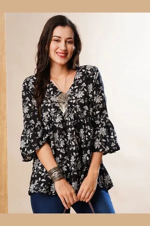 Globus Women Maroon Floral Printed V-Neck Bell Sleeves A-Line Alia Cut Workwear Tunic