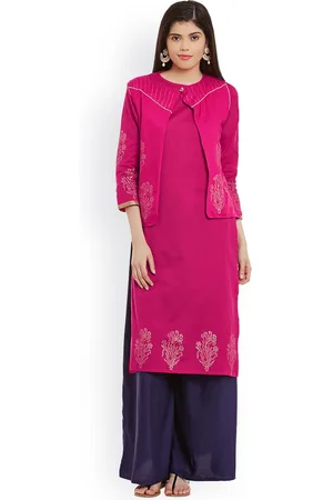 Bitterlime Women Pink Block Print Straight Kurta with Jacket