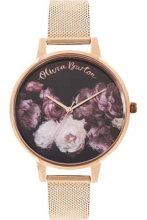 Olivia Burton Women Black Printed Dial & Rose Gold Toned Stainless Steel Bracelet Style Straps Watch