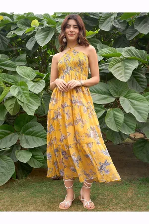Rare Fashion Floral Printed Halter Neck Smocked A-Line Midi Dress