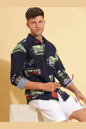 HERE&NOW Slim Fit Floral Printed Spread Collar Long Sleeves Cotton Casual Shirt