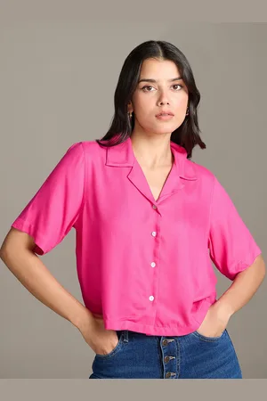 20Dresses Fuchsia Cuban Collar Short Sleeves Crop Casual Shirt