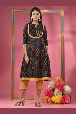 Charukriti Ethnic Motifs Printed Keyhole Neck A-Line Crepe Kurta