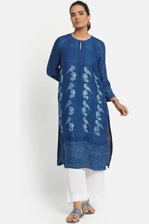 Fabindia Women Blue Ethnic Motifs Printed Keyhole Neck Kurta