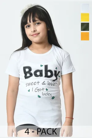 BAESD Pack of 4 Girls Typography Printed Raw Edge T-shirt