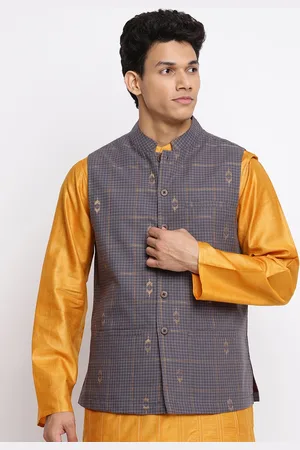 Fabindia Men Grey Checked Cotton Nehru Jackets