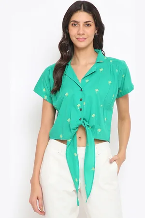 Fabindia Green Print Shirt Style Top