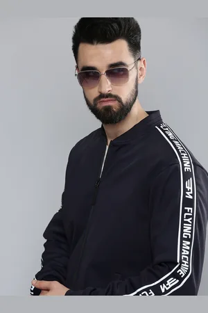 Flying Machine Men Navy Blue Solid Bomber Jacket with Print Detail