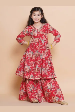 Bhama Girls Floral Printed V-Neck Angrakha Pure Cotton Kurta with Sharara