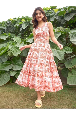 Rare Fashion Floral Printed Sleeveless Cut Out Fit & Flare Midi Dress