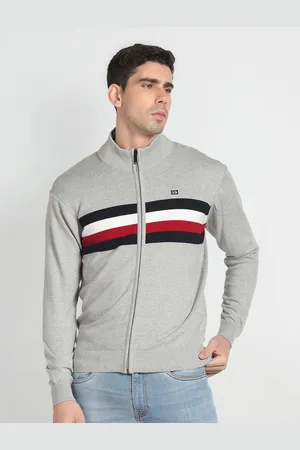 Arrow Mock Collar Striped Pure Cotton Sweater