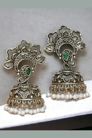 Sangria Silver-Toned Stones Studded Beads Beaded Dome Shaped Oxidised Jhumkas