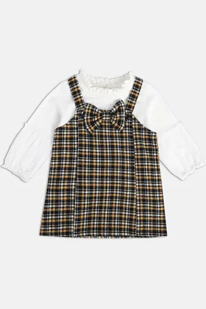 MINI KLUB Girls Pure Cotton Checked Shoulder Straps Pinafore Dress Comes With A Top