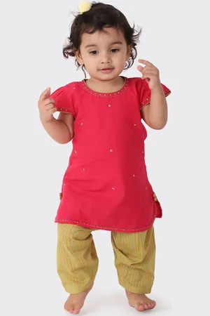 Fabindia Girls Fuschia And Yellow Pure Cotton Kurta with Dhoti Pants