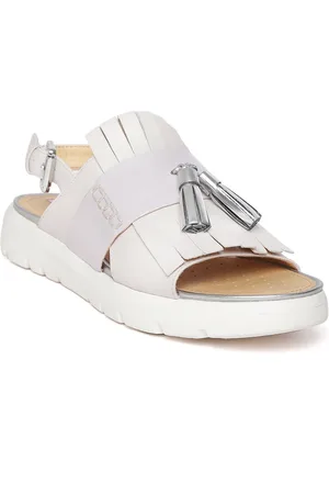 Geox Women Off-White Solid Leather Tasselled Open Toe Flats