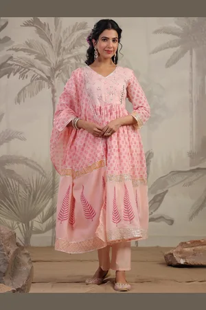 SCAKHI Floral Printed Pure Cotton Angrakha Anarkali Kurta With Trousers & Dupatta