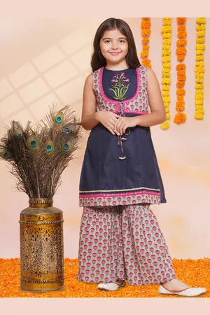 Bhama Girls Floral Embroidered Thread Work Pure Cotton Kurta With Sharara