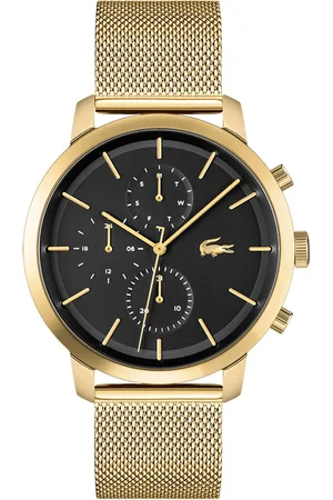 Lacoste Men Black Brass Dial & Gold Toned Stainless Steel Bracelet Style Straps Analogue Multi Function Watch