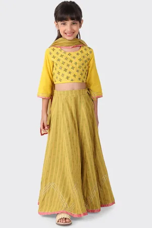 Fabindia Girls Lime Green & Embroidered Ready to Wear Lehenga & Blouse With Dupatta