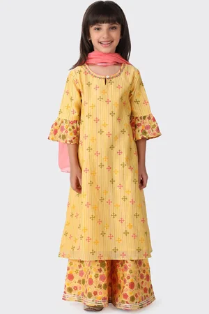 Fabindia Girls Yellow Floral Printed Kurta with Trousers & With Dupatta