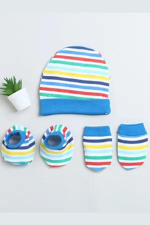 BUMZEE Infant Boys Striped Cotton Beanie With Mitten & Booties
