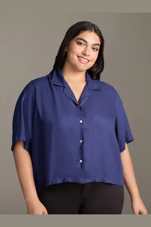 20Dresses Plus Size Blue Cuban Collar Short Sleeves Crop Casual Shirt