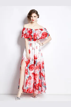 JC Collection Floral Printed Off-Shoulder Maxi Dress