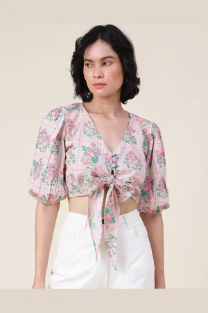 Fabindia Floral Print Cotton Linen Crop Top