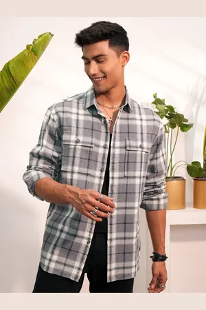 LocoMotive Premium Men Dobby Textured Checked Utility Pocket Relaxed Shirt