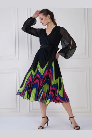 Antheaa Women Puff Sleeve Midi Wrap Dress